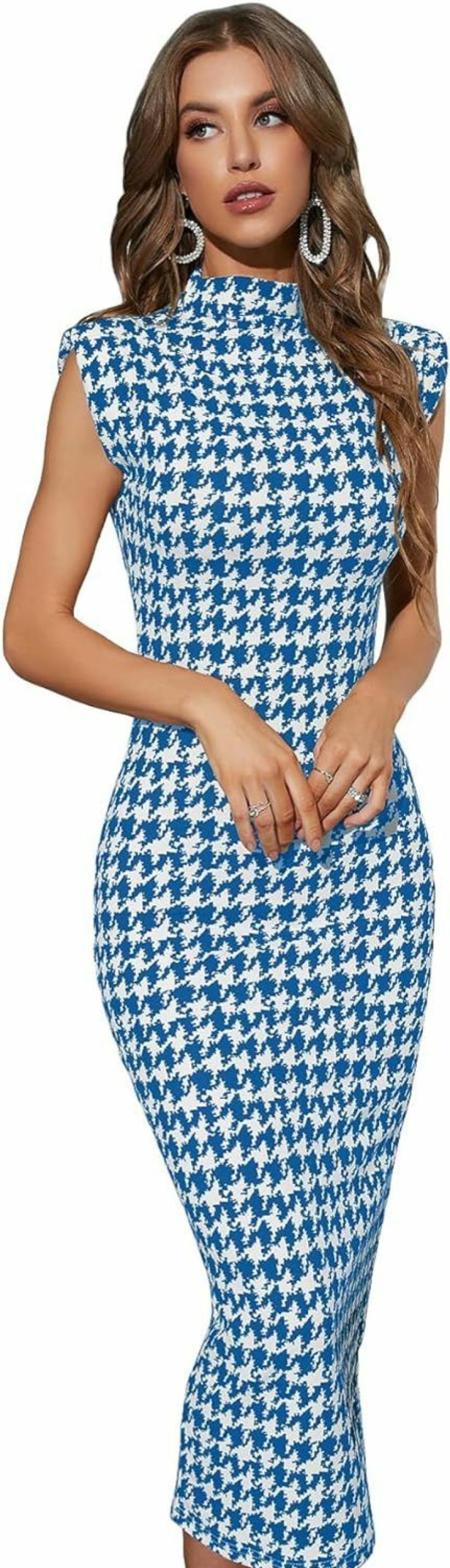 New WDIRARA Wdirara Women'S Houndstooth Mock Neck Sleeveless Shoulder Pads Bodycon Dress