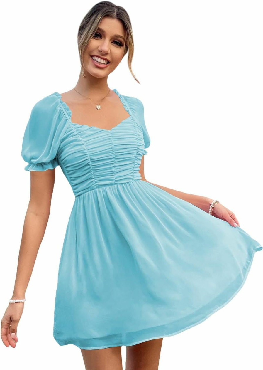 Online MakeMeChic Makemechic Women'S Puff Sleeve Sweetheart Ruched A Line Swing Short Dress