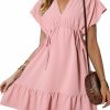 Clearance Dokotoo Dokotoo Womens Dresses Short Sleeve V Neck Drawstring Casual Ruffle A-Line Swing Mini Babydoll Dress