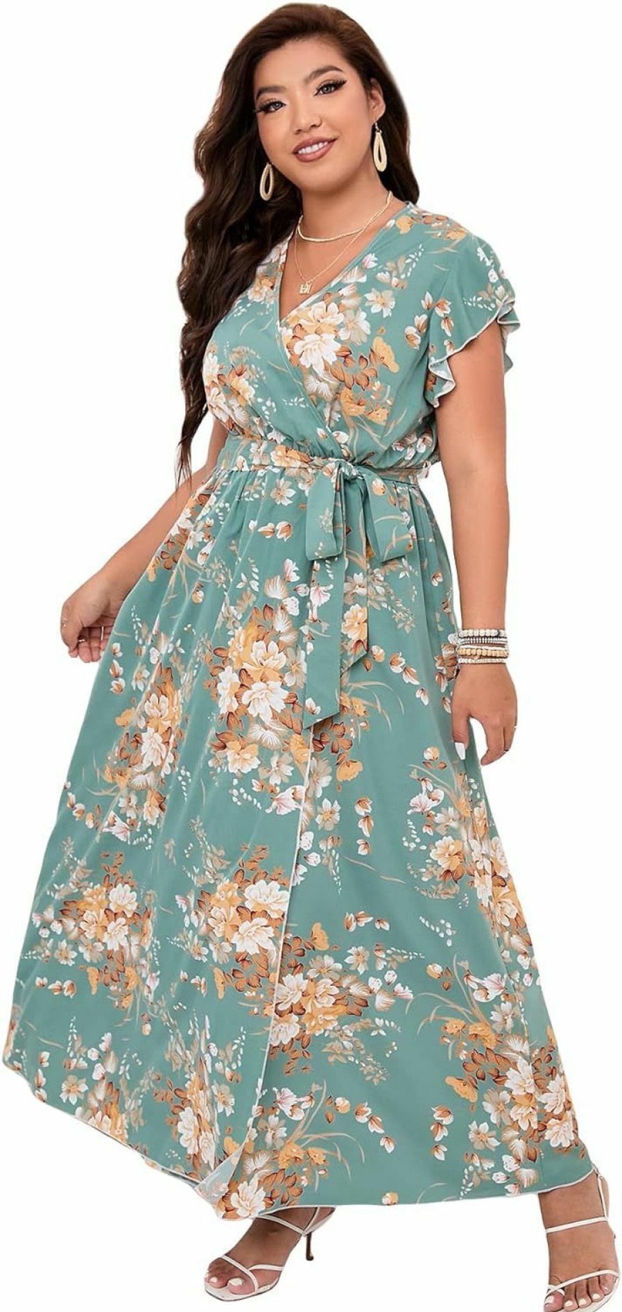 New WDIRARA Wdirara Women'S Plus Floral Wrap V Neck Slit A Line Flutter Sleeve Swing Belted Maxi Dress