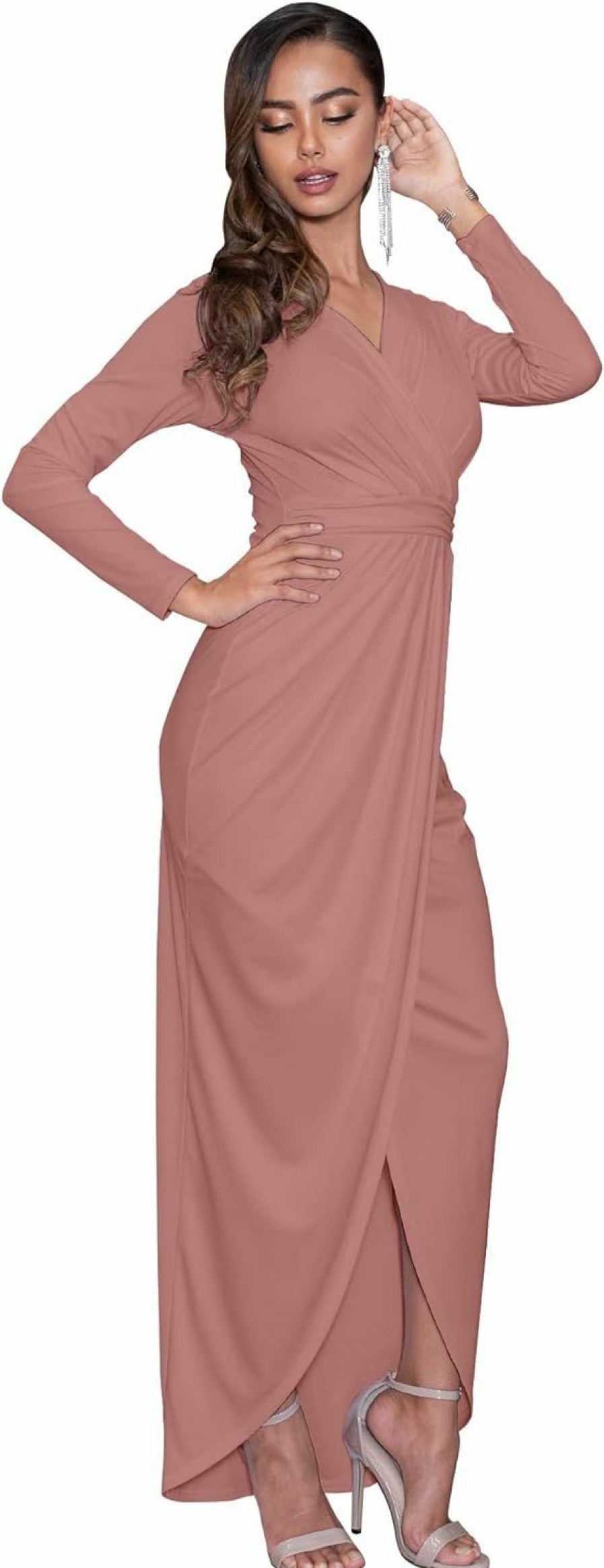 Hot KOH KOH Koh Koh Womens Long Sleeve Formal Wrap Draped Cocktail V-Neck Gown Maxi Dress