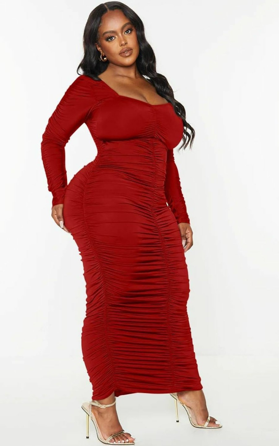 Hot LAGSHIAN Lagshian Womens Sexy Plus Size Long Sleeve Bodycon Ruched Square Neck Party Long Dress