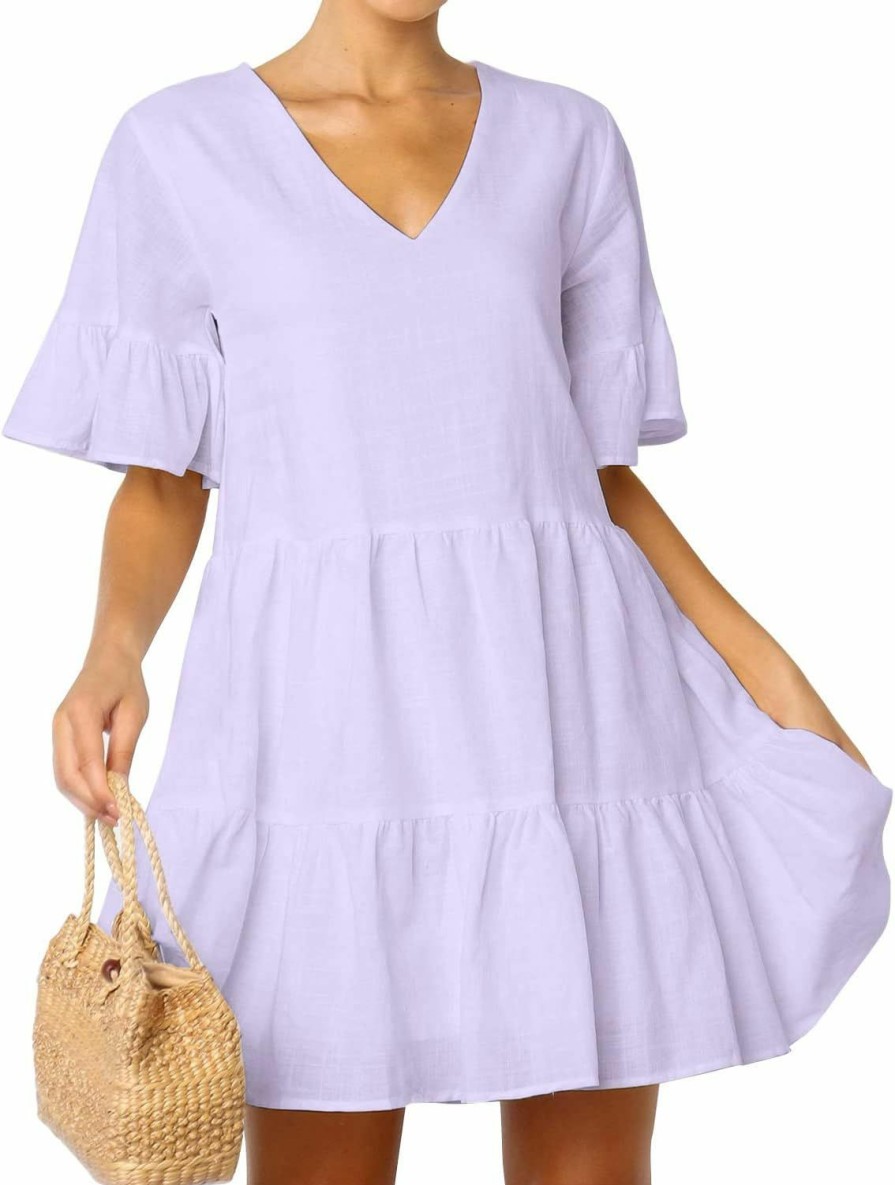 Hot FANCYINN Fancyinn Women'S V Neck Cute Shift Dress With Pockets Bell Sleeve Ruffle Hem Loose Swing Summer Tunic Mini Dress