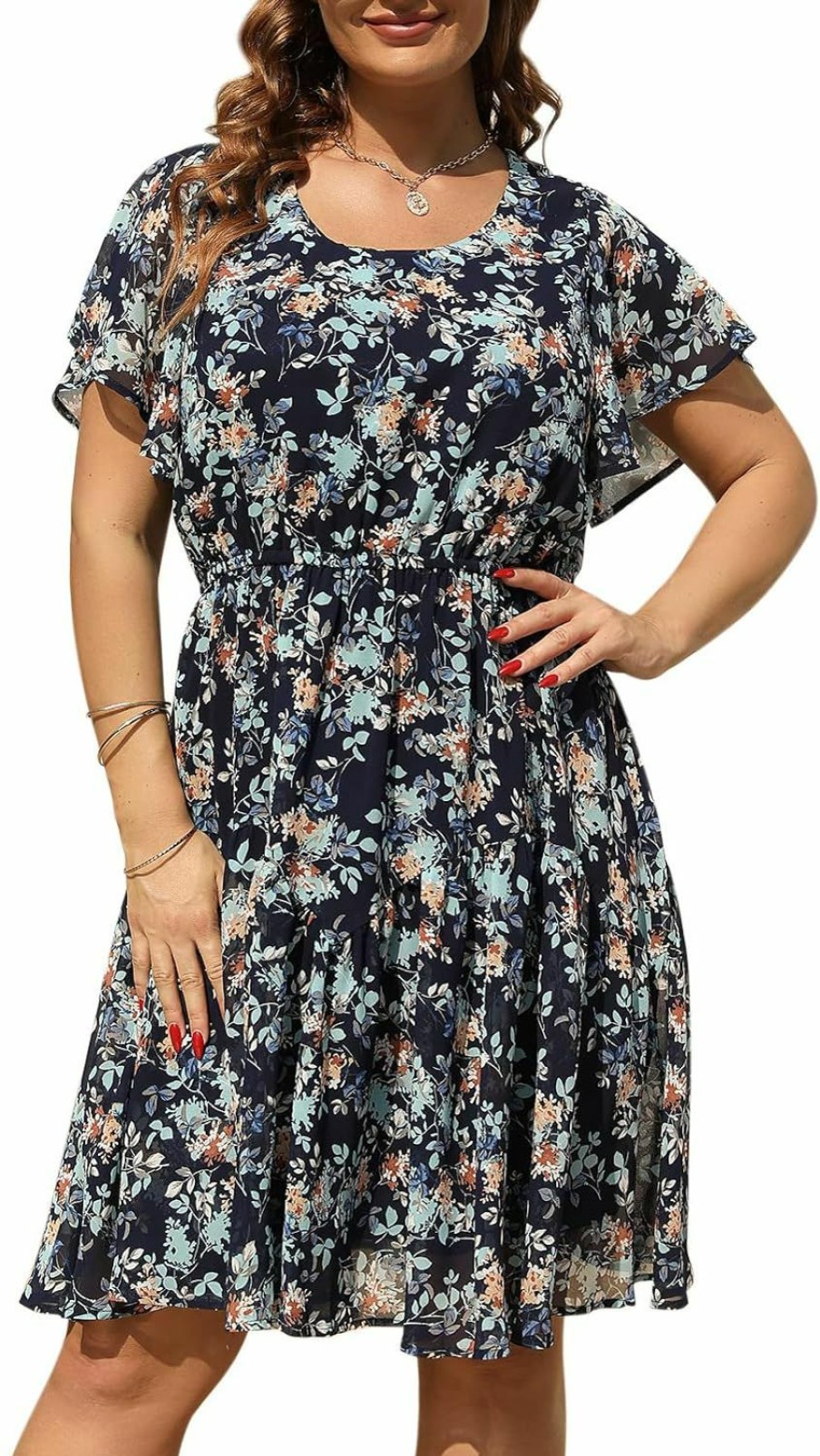 New Nemidor Nemidor Womens Casual Plus Size Summer Boho Chiffon Print Midi Skater Dress With Ruffle Sleeve Nem297