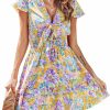 Best PRETTYGARDEN Prettygarden Women'S 2024 Summer Swing Mini Dress Tie Front V Neck Short Sleeve Ruffle Layer A-Line Short Dress