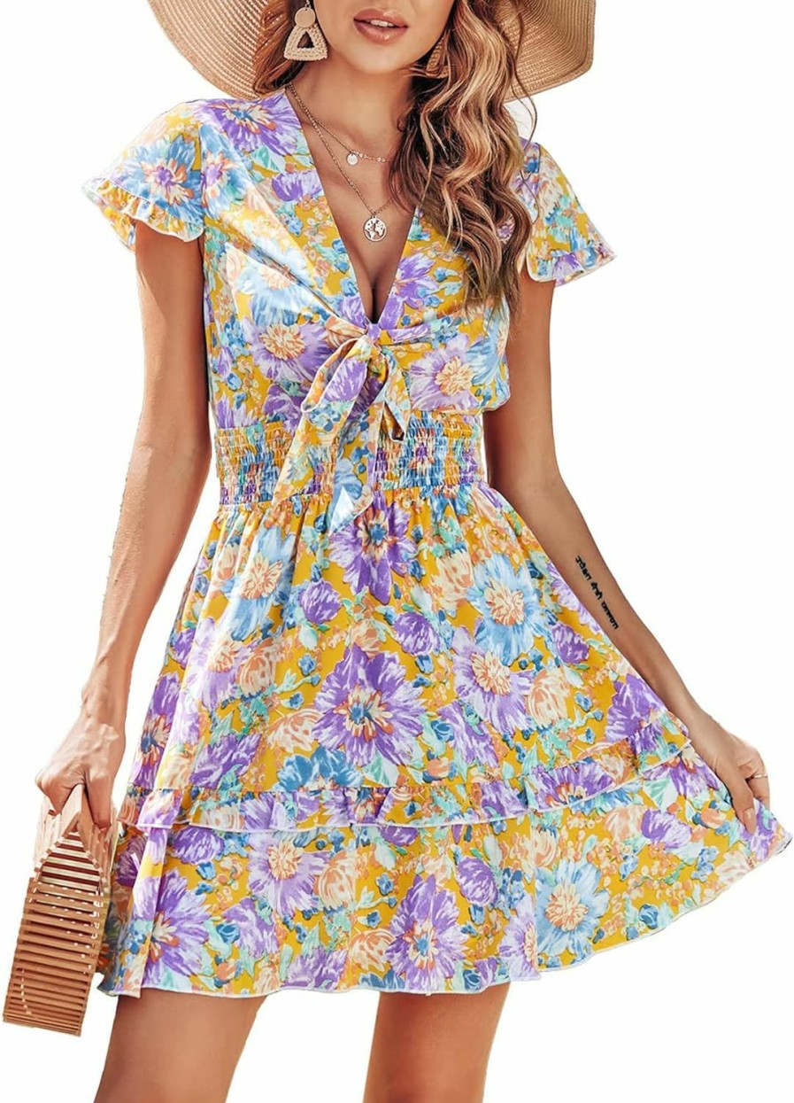 Best PRETTYGARDEN Prettygarden Women'S 2024 Summer Swing Mini Dress Tie Front V Neck Short Sleeve Ruffle Layer A-Line Short Dress