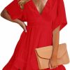 Best Esobo Esobo Women'S Summer V-Neck Short Sleeve Flared Dresses Solid Color Casual Ruffle Hem Mini Swing Skater Dress