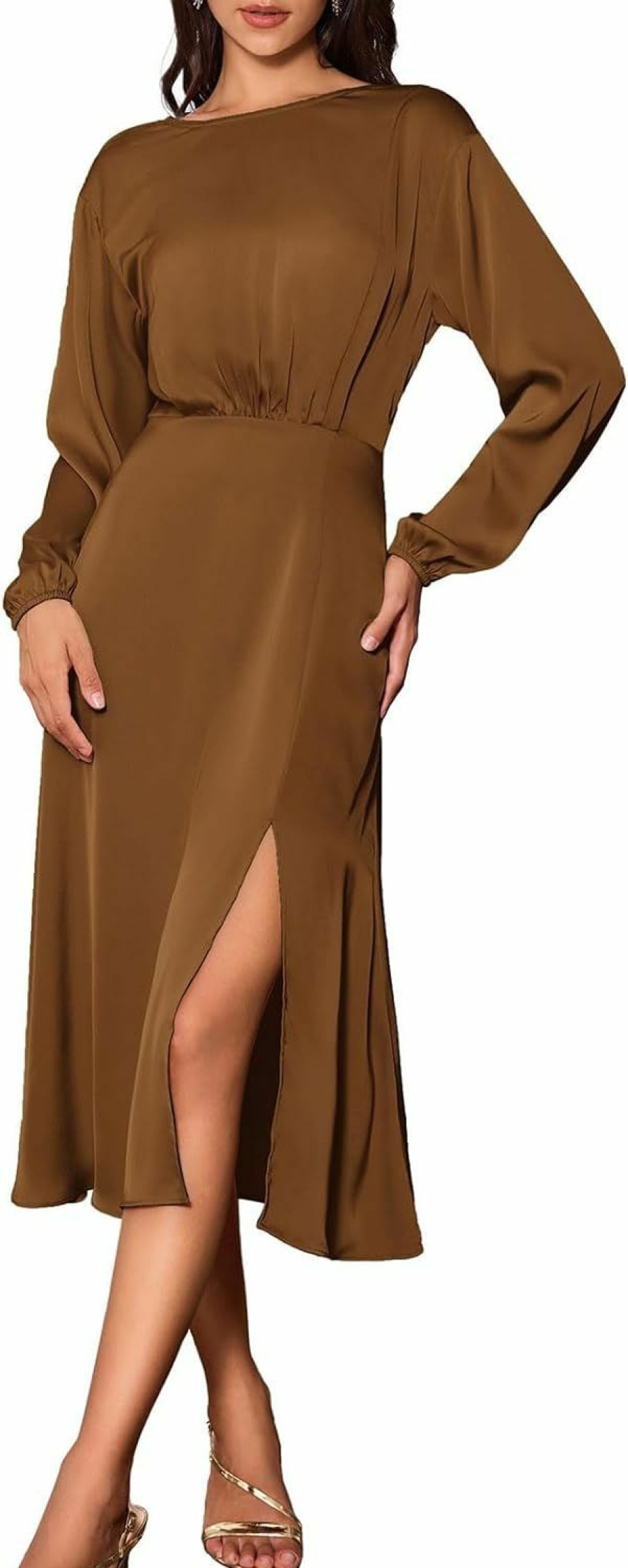 Hot GRACE KARIN Grace Karin Women'S Long Sleeve Satin Wedding Guest Dress With Slit Elegant Boat Neck High Waist A-Line Midi Dress