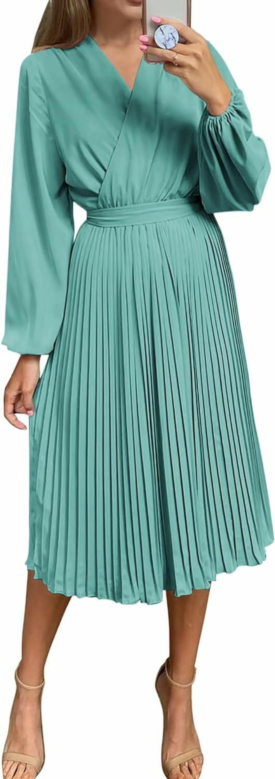 Hot PRETTYGARDEN Prettygarden Women'S Spring Midi Dress Long Puff Sleeve Wrap V Neck Flowy Ruffle Pleated Casual Fall Dresses