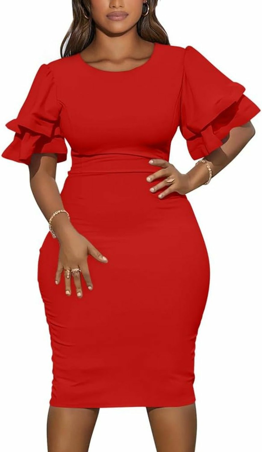 New DAAWENXI Daawenxi Women'S Elegant Bodycon Ruffle Short Sleeve Cocktail Midi Pencil Dress