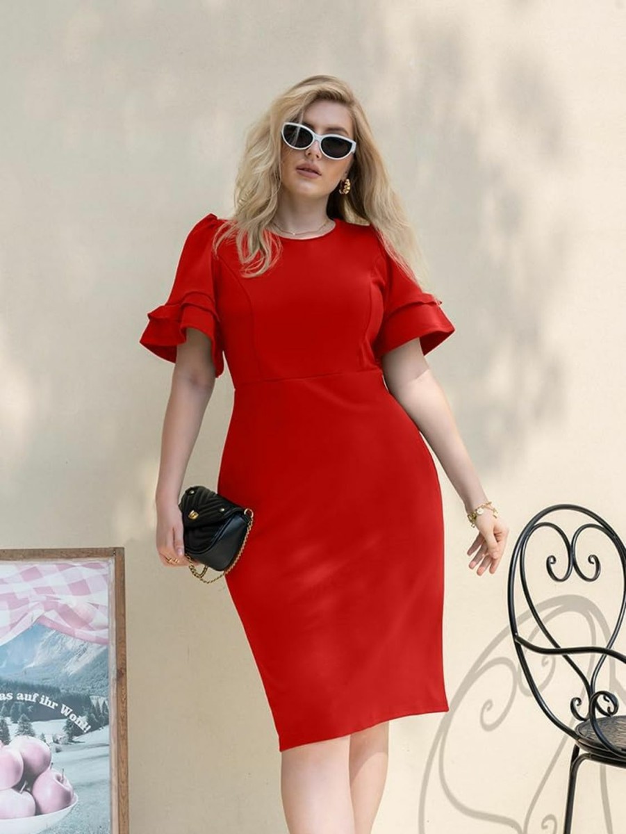 New DAAWENXI Daawenxi Women'S Elegant Bodycon Ruffle Short Sleeve Cocktail Midi Pencil Dress